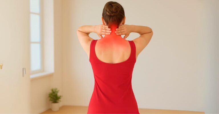 Woman in red dress massaging neck for neck pain relief in a bright room