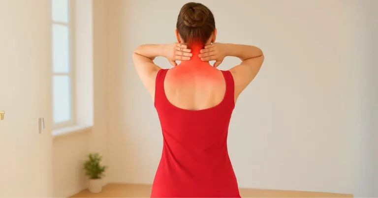 Woman in red dress massaging neck for neck pain relief in a bright room