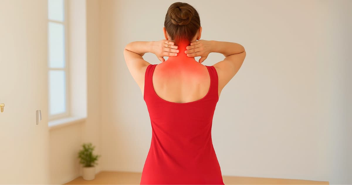Woman in red dress massaging neck for neck pain relief in a bright room