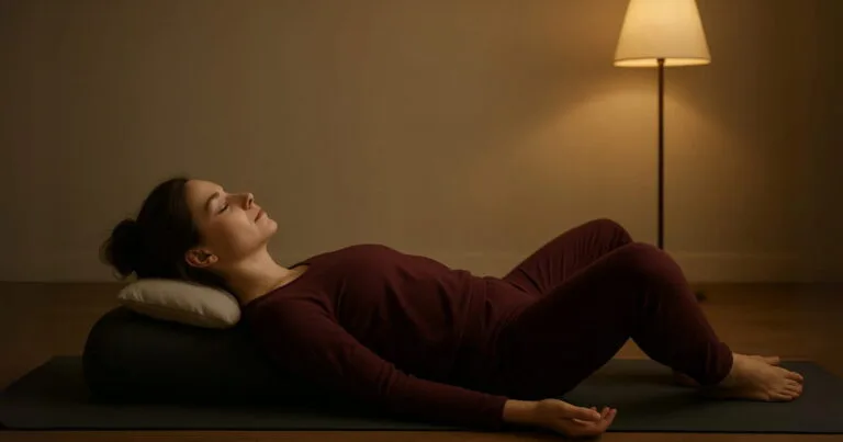 A young woman in dark red loungewear practicing deep relaxation in a supported restorative yoga pose for ultimate stress relief.