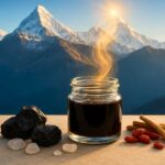 Ancient Himalayan Shilajit resin in a jar with herbs, representing pure source and powerful health benefits for energy and vitality.