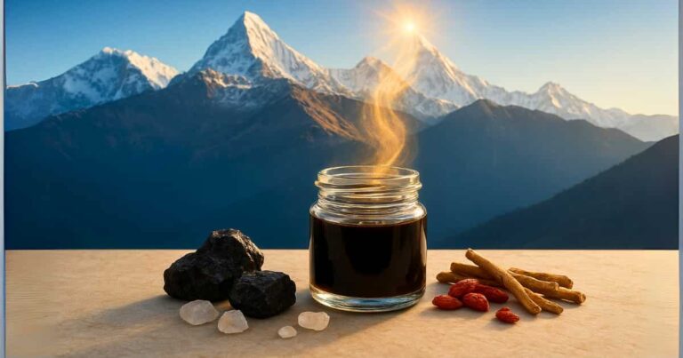 Ancient Himalayan Shilajit resin in a jar with herbs, representing pure source and powerful health benefits for energy and vitality.