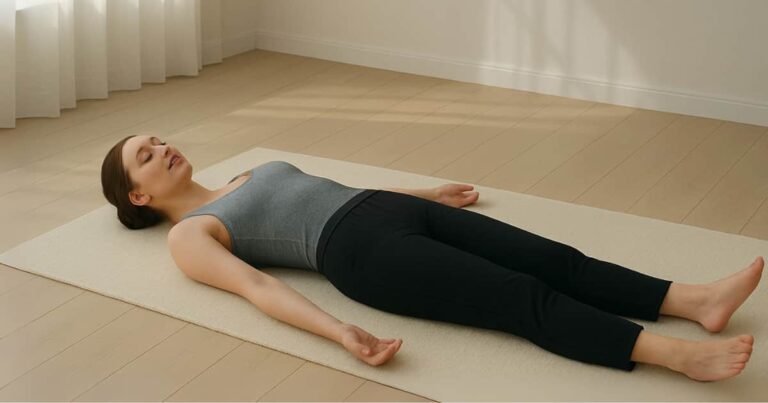 A young woman practicing Yoga Nidra for deep relaxation in Savasana pose, achieving a state of calm and inner healing.