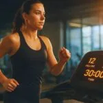 A determined woman performing the effective 12-3-30 treadmill workout, focusing on the console set to 12 incline and 3 speed.
