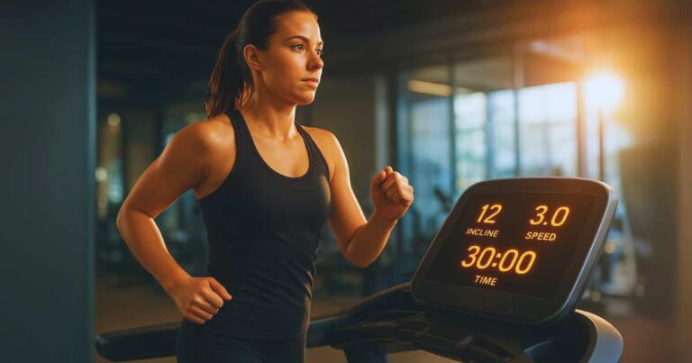 A determined woman performing the effective 12-3-30 treadmill workout, focusing on the console set to 12 incline and 3 speed.