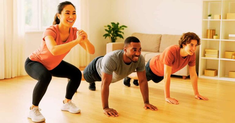 A diverse group of beginners performing easy calisthenics exercises like squats and planks in a living room at home with no equipment.