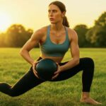 A determined fair-skinned woman with blue eyes performing a dynamic lunge exercise in a field at sunset, demonstrating a key method to lose belly fat naturally.