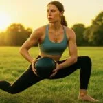 A determined fair-skinned woman with blue eyes performing a dynamic lunge exercise in a field at sunset, demonstrating a key method to lose belly fat naturally.