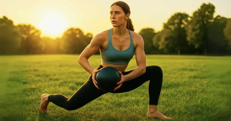 A determined fair-skinned woman with blue eyes performing a dynamic lunge exercise in a field at sunset, demonstrating a key method to lose belly fat naturally.
