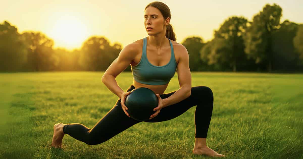 A determined fair-skinned woman with blue eyes performing a dynamic lunge exercise in a field at sunset, demonstrating a key method to lose belly fat naturally.