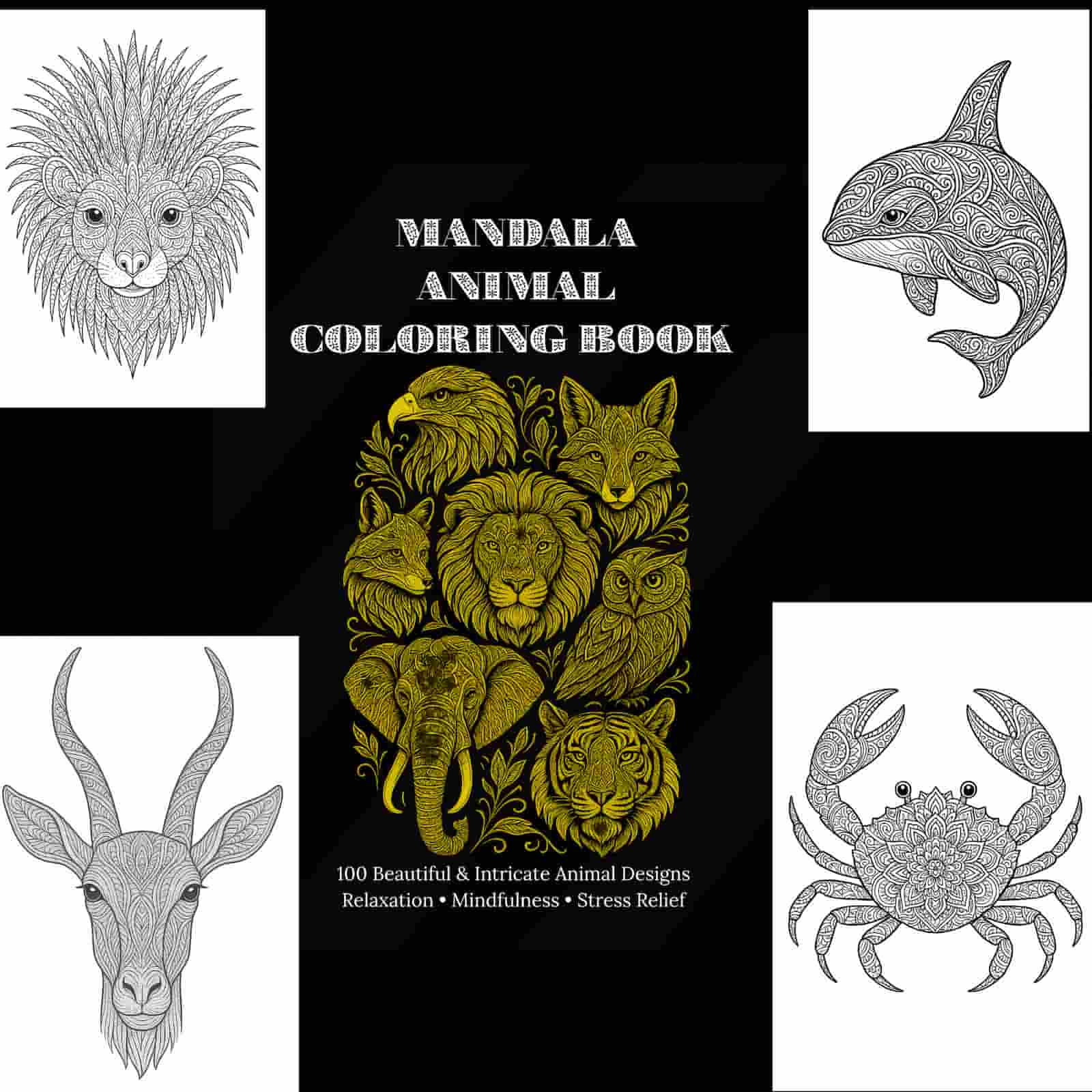Mandala animal coloring book for adults designed for relaxation, mindfulness, and stress relief