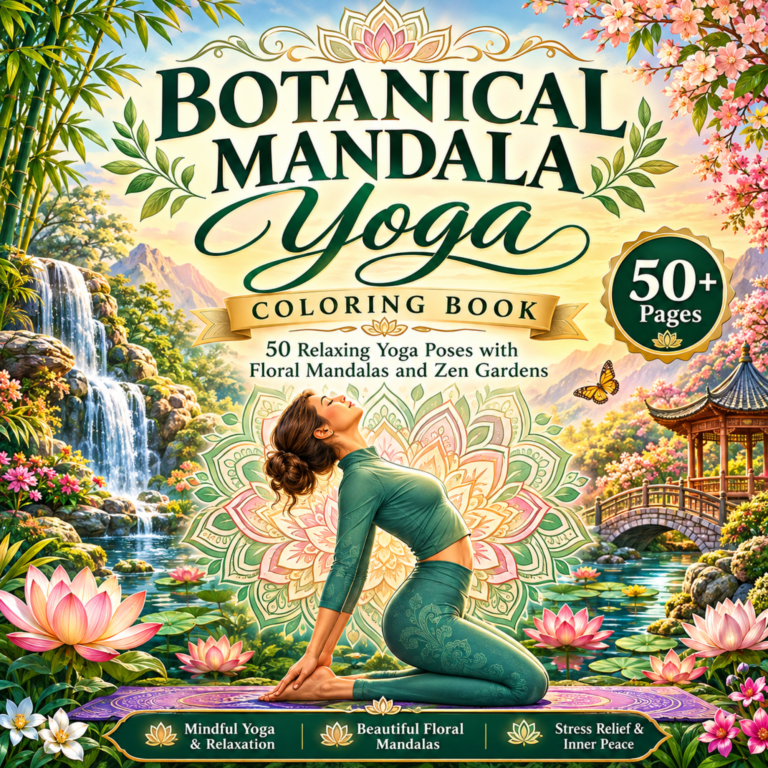 Botanical Mandala Yoga Coloring Book cover featuring a yoga pose, floral mandalas, lotus flowers, and a Zen garden