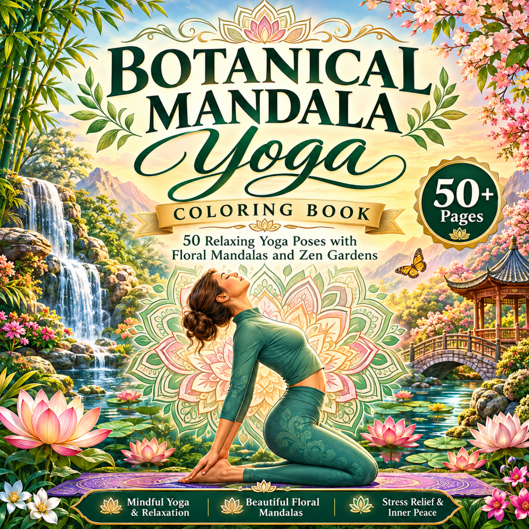 Botanical Mandala Yoga Coloring Book cover featuring a yoga pose, floral mandalas, lotus flowers, and a Zen garden